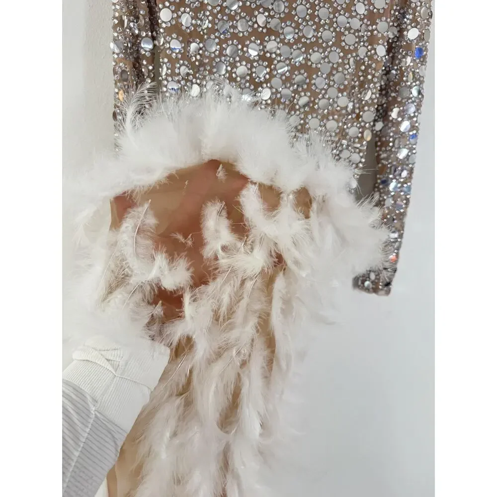 PURE X CHAOS Feather Dress Womens Large White Rhinestone Festival Party Show - Picture 13 of 15